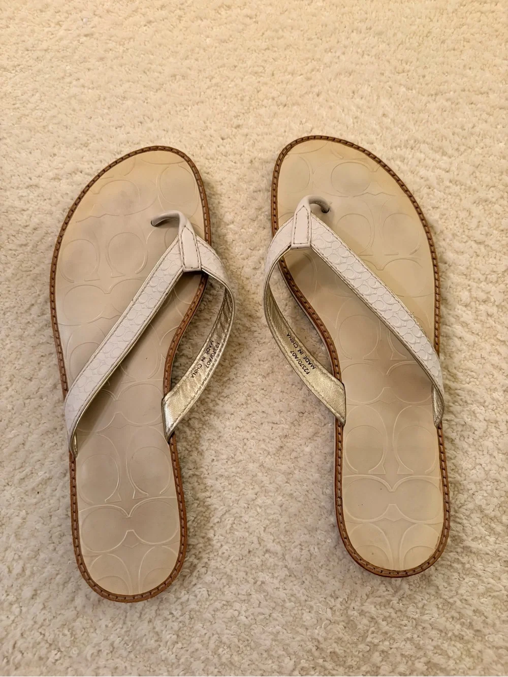 Coach White and Metallic Gold Trim Leather Thong Sandals